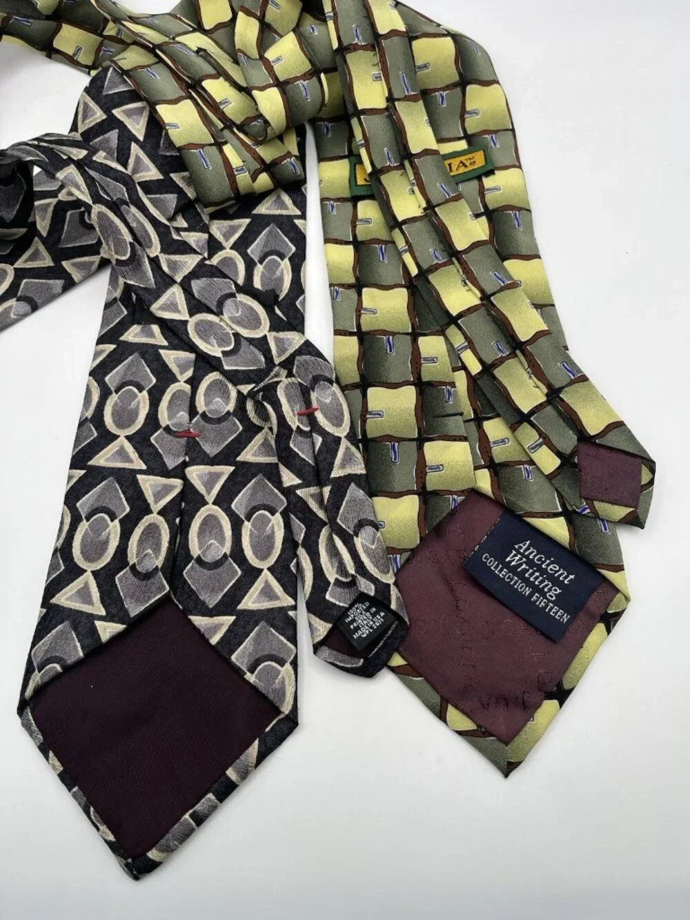 Vintage 1990s Silk Neckties Abstract Geometric Designer Mens Tie Lot Of 2 Green